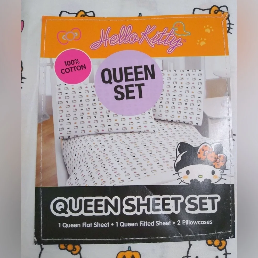 NEW Hello Kitty Halloween Queen Sheet Set Pumpkins & Cats 100% Cotton Bedding